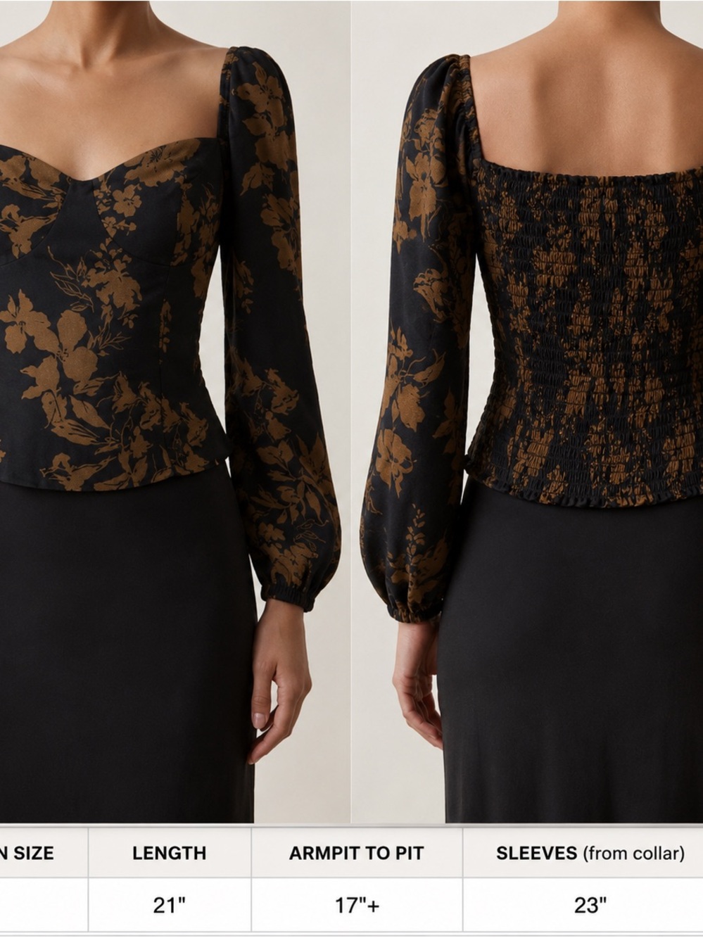 Reformation Black W/ Mocha Floral Sweetheart Neck Puff Sleeve Blouse   Size 10